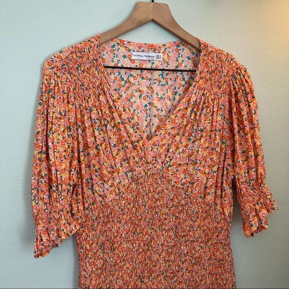 FAITHFULL THE BRAND Pink Yellow Dainty Floral Smocked V Neck Mini Dress M - Picture 14 of 14